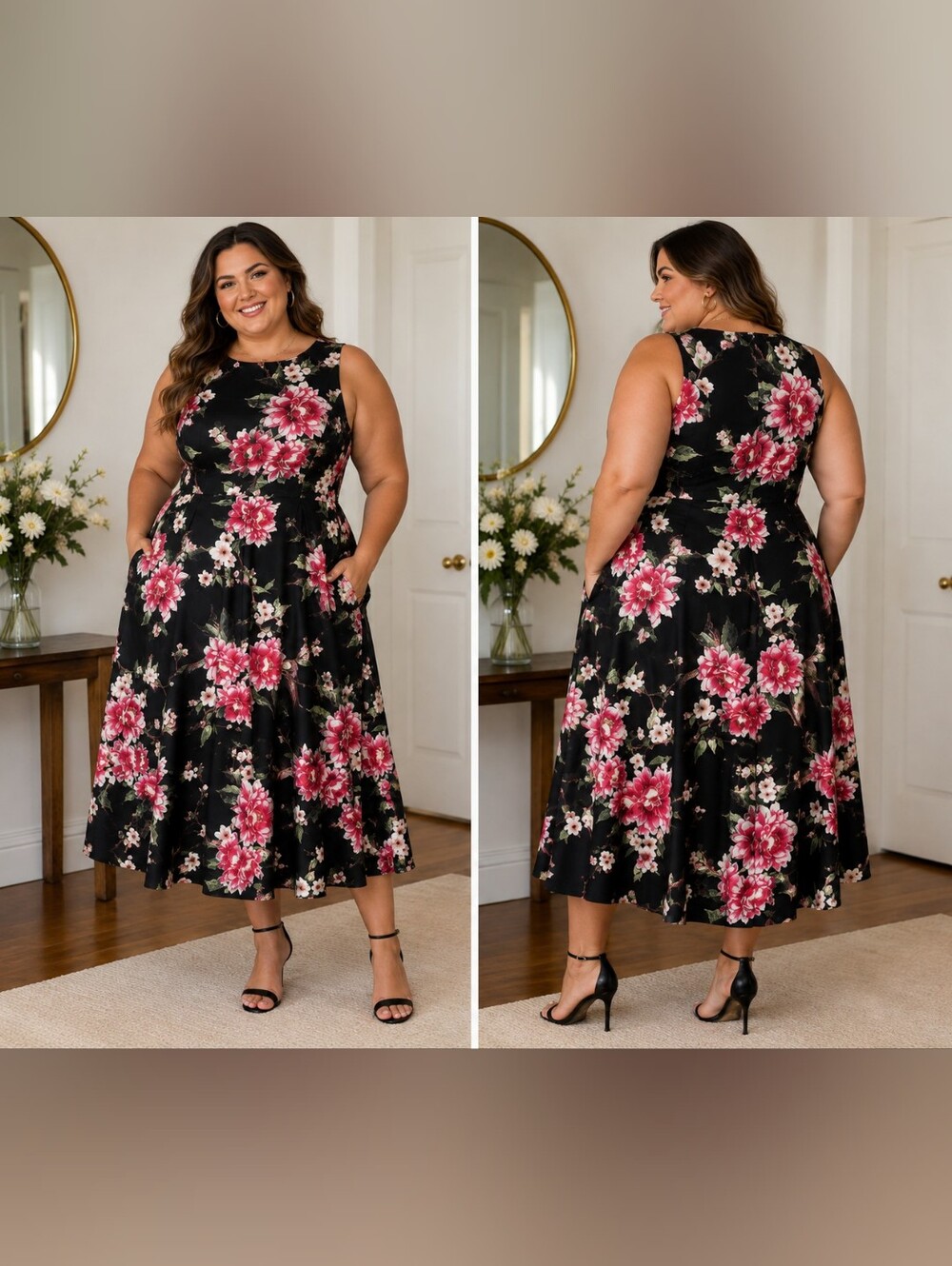 Floral Sleeveless Black Dress with Pink Bloom Print
